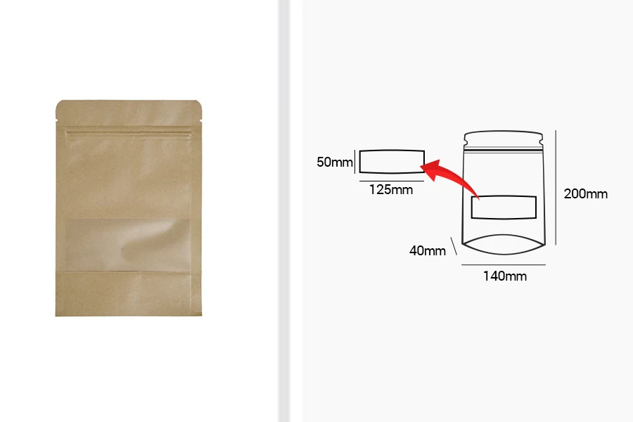 Крафт опаковка тип DOY PACK  140x40x200 мм  с цип и прозорец,  с външна и вътрешна облицовка прозрачна- 100 бр., с възможност за термозапечатване