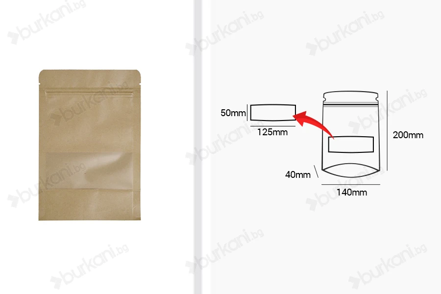 Крафт опаковка тип DOY PACK  140x40x200 мм  с цип и прозорец,  с външна и вътрешна облицовка прозрачна- 100 бр., с възможност за термозапечатване-изображение_група