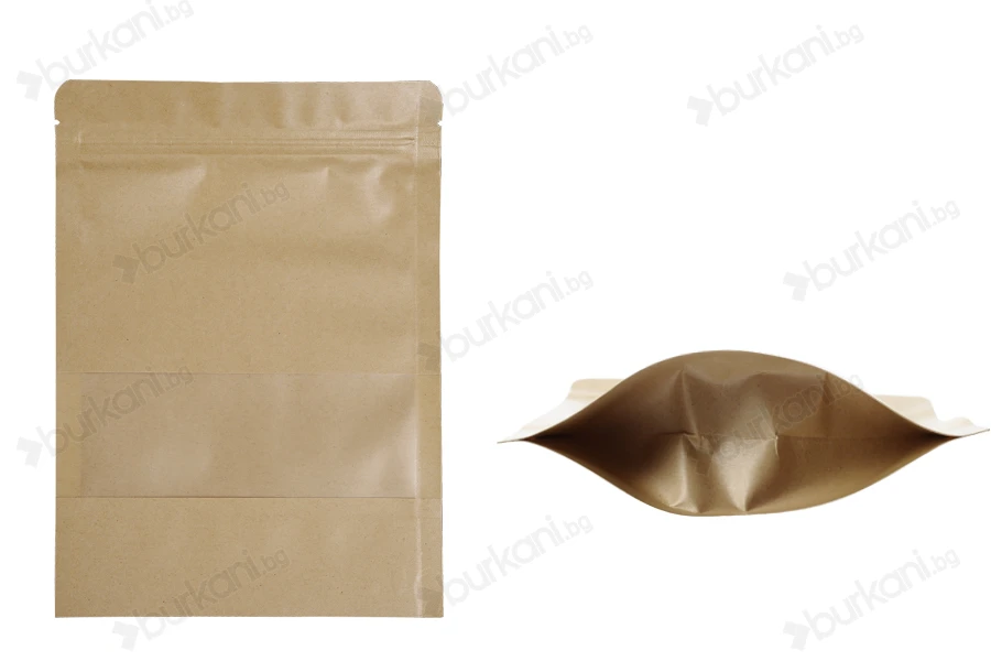 Крафт опаковка тип DOY PACK 160x40x220 mm с цип и прозорец,  с външна и вътрешна облицовка прозрачна - 100 бр.-изображение_продукт