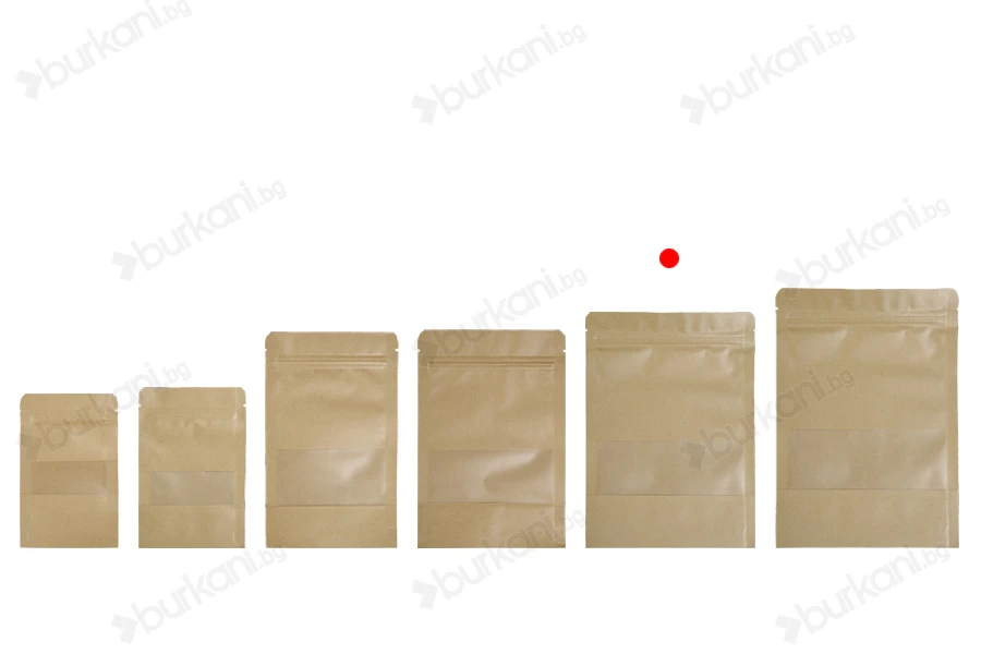 Крафт опаковка тип DOY PACK 160x40x220 mm с цип и прозорец,  с външна и вътрешна облицовка прозрачна - 100 бр.-изображение_група