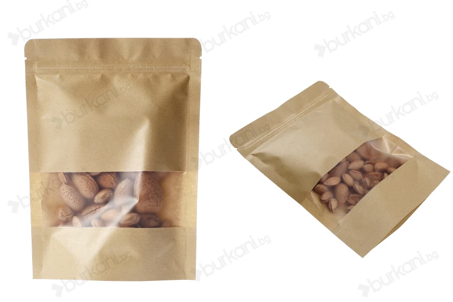 Крафт опаковка тип DOY PACK 160x40x220 mm с цип и прозорец,  с външна и вътрешна облицовка прозрачна - 100 бр.-изображение_група