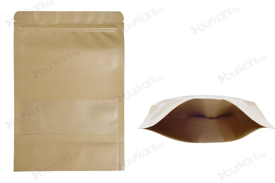 Крафт опаковка тип DOY PACK  170x40x240 mm с цип и прозорец,  с външна и вътрешна облицовка прозрачна - 100 бр.-изображение_продукт