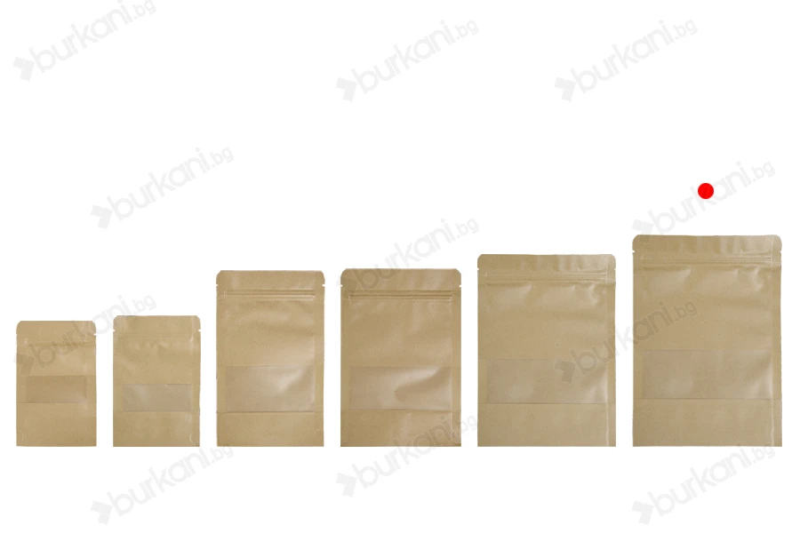 Крафт опаковка тип DOY PACK  170x40x240 mm с цип и прозорец,  с външна и вътрешна облицовка прозрачна - 100 бр.-изображение_група