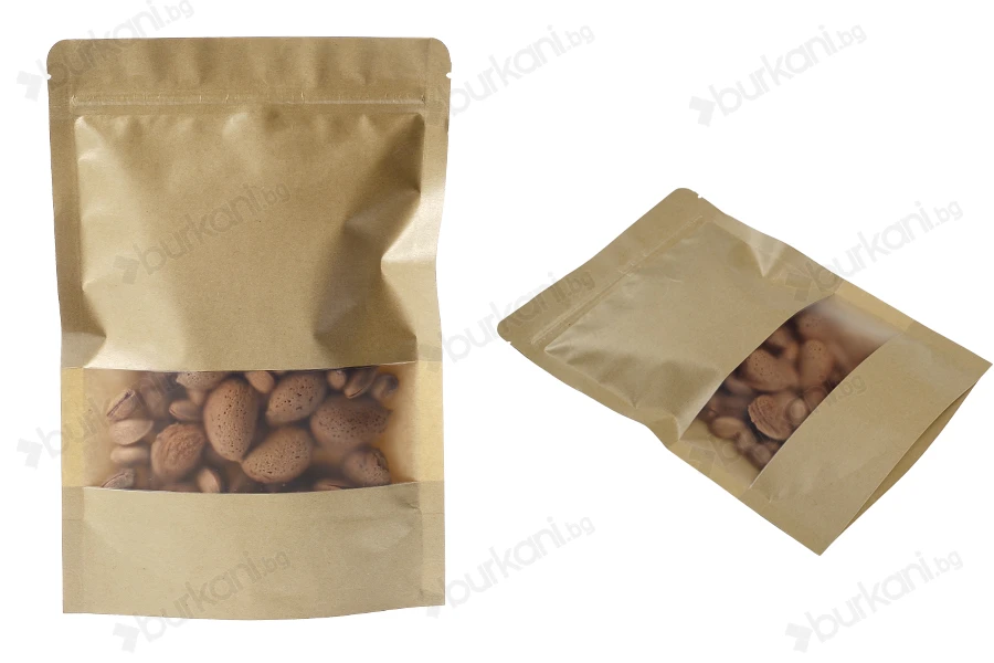 Крафт опаковка тип DOY PACK  170x40x240 mm с цип и прозорец,  с външна и вътрешна облицовка прозрачна - 100 бр.-изображение_група