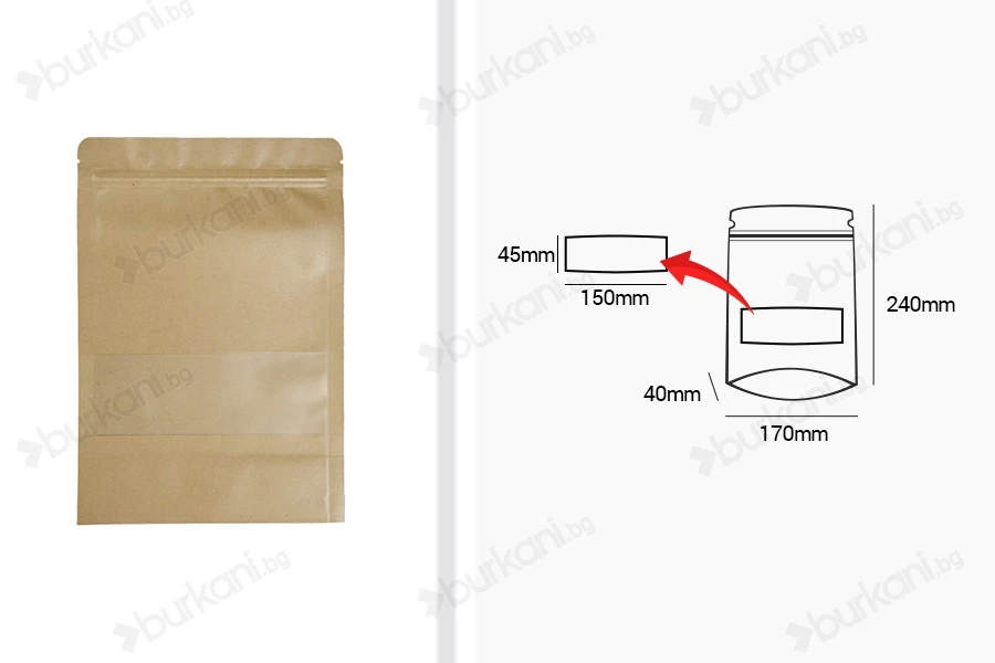 Крафт опаковка тип DOY PACK  170x40x240 mm с цип и прозорец,  с външна и вътрешна облицовка прозрачна - 100 бр.-изображение_размери