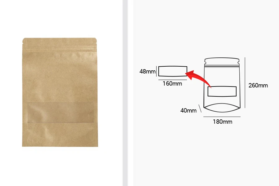 Крафт опаковка тип DOY PACK  180x40x260 mm  с цип и прозорец, с външна и вътрешна облицовка прозрачнас възможност за термозапечатване - 100 бр.