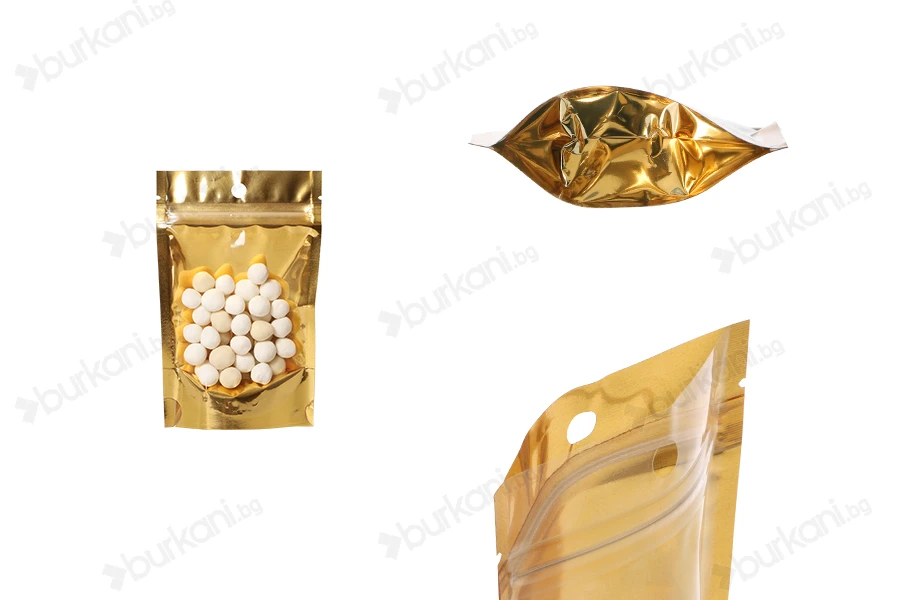 Пликове Doy Pack 90x30x140 мм алуминиеви със златиста задна част, прозрачна предна част с "цип" затваряне и термозаваряване - 100 бр.-изображение_продукт