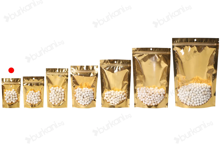 Пликове Doy Pack 90x30x140 мм алуминиеви със златиста задна част, прозрачна предна част с "цип" затваряне и термозаваряване - 100 бр.-изображение_група