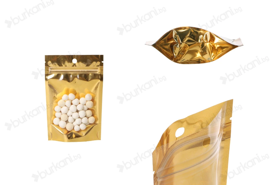 Алуминиеви пликове Doy Pack 100x30x150 mm със златиста задна част, прозрачна предна част с "цип" затваряне и възможност за термозапечатване - 100 бр./опаковка-изображение_продукт