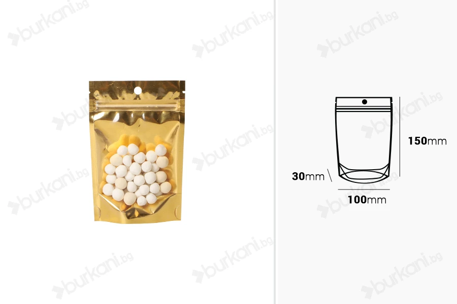 Алуминиеви пликове Doy Pack 100x30x150 mm със златиста задна част, прозрачна предна част с "цип" затваряне и възможност за термозапечатване - 100 бр./опаковка-изображение_размери