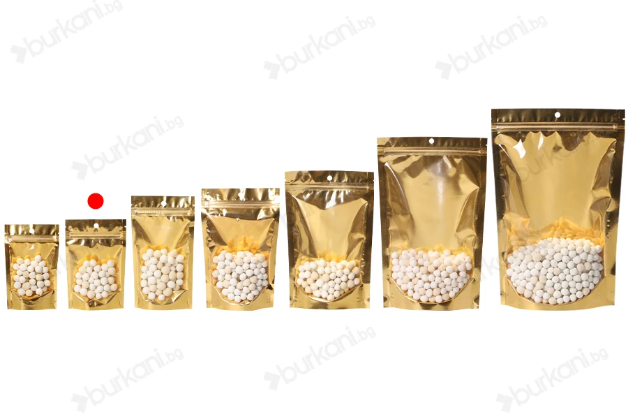 Алуминиеви пликове Doy Pack 100x30x150 mm със златиста задна част, прозрачна предна част с "цип" затваряне и възможност за термозапечатване - 100 бр./опаковка-изображение_група