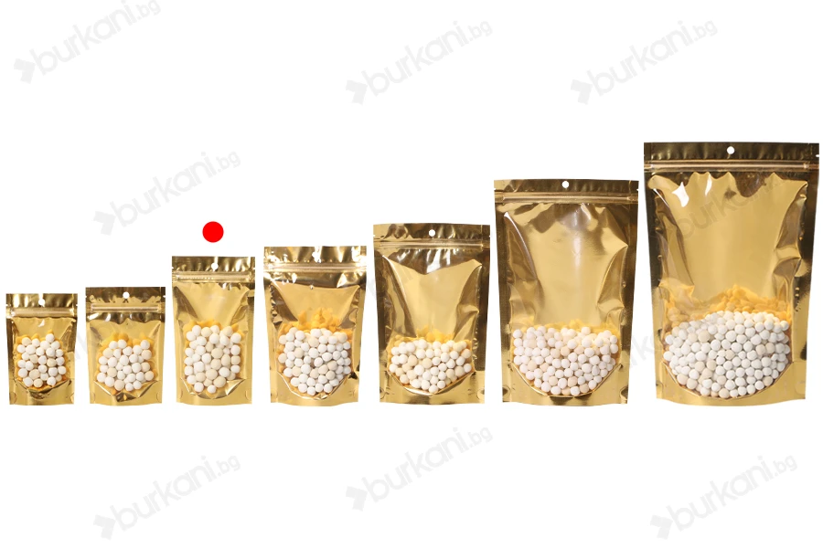 Алуминиеви пликове тип Doy Pack 100x30x180 mm със златиста задна част и  прозрачна предна част с "цип" затваряне и място за термозаваряване - 100 бр.-изображение_група