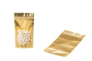 Алуминиеви пликове тип Doy Pack 100x30x180 mm със златиста задна част и  прозрачна предна част с "цип" затваряне и място за термозаваряване - 100 бр.-5