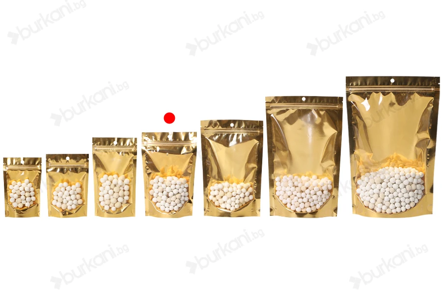 Алуминиеви торбички тип Doy Pack 130x40x205 mm със златиста задна част, прозрачна предна част с "цип" затваряне и място за термозаваряване - 100 бр.-изображение_група