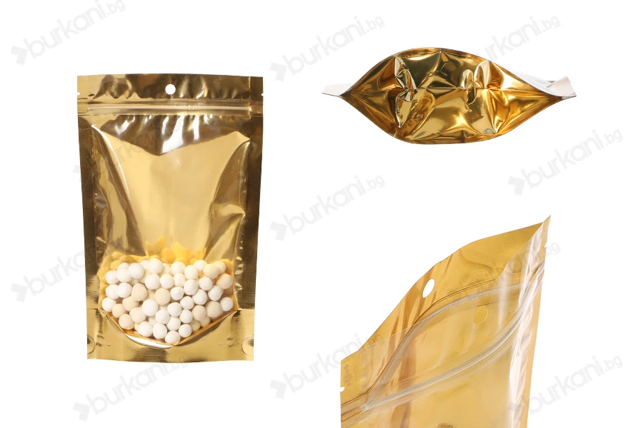 Торбички тип Doy Pack 150x40x230 мм алуминиеви  със златиста задна част, прозрачна предна част с цип и термозаваряеми - 100 бр.-изображение_продукт