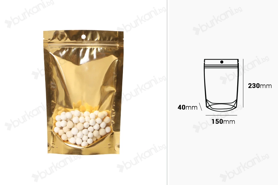 Торбички тип Doy Pack 150x40x230 мм алуминиеви  със златиста задна част, прозрачна предна част с цип и термозаваряеми - 100 бр.-изображение_размери