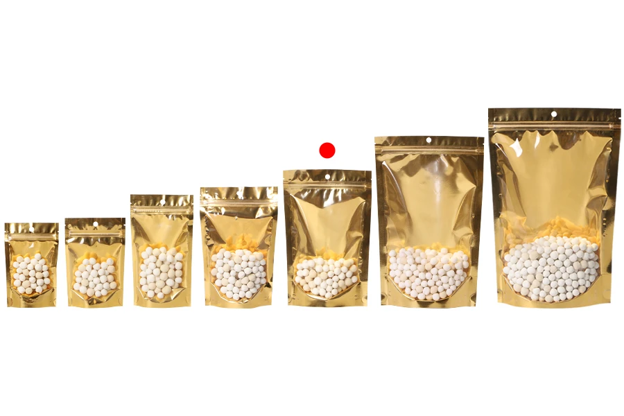 Торбички тип Doy Pack 150x40x230 мм алуминиеви  със златиста задна част, прозрачна предна част с цип и термозаваряеми - 100 бр.