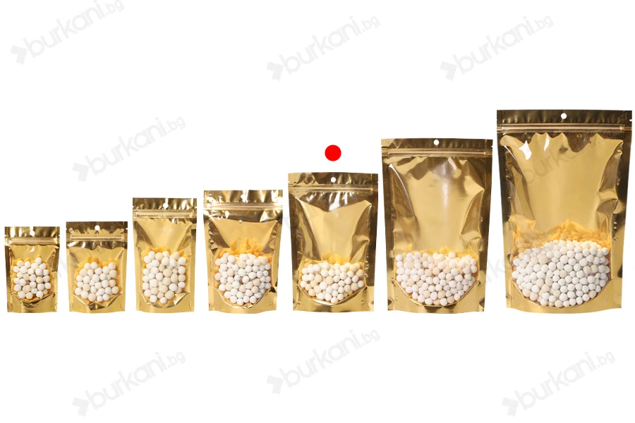Торбички тип Doy Pack 150x40x230 мм алуминиеви  със златиста задна част, прозрачна предна част с цип и термозаваряеми - 100 бр.-изображение_група