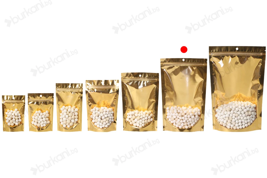 Алуминиеви торбички Doy Pack 180x50x280 мм със златиста задна част, прозрачна предна част с цип и възможност за термозапечатване - 100 бр.-изображение_група