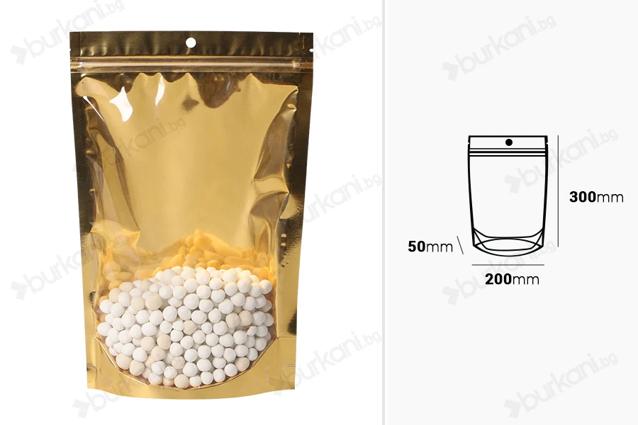 Пликове тип  Doy Pack 200x50x300 мм алуминиеви със златиста задна част, прозрачна предна част с "цип" затваряне и термозаваряване - 100 бр.-изображение_размери