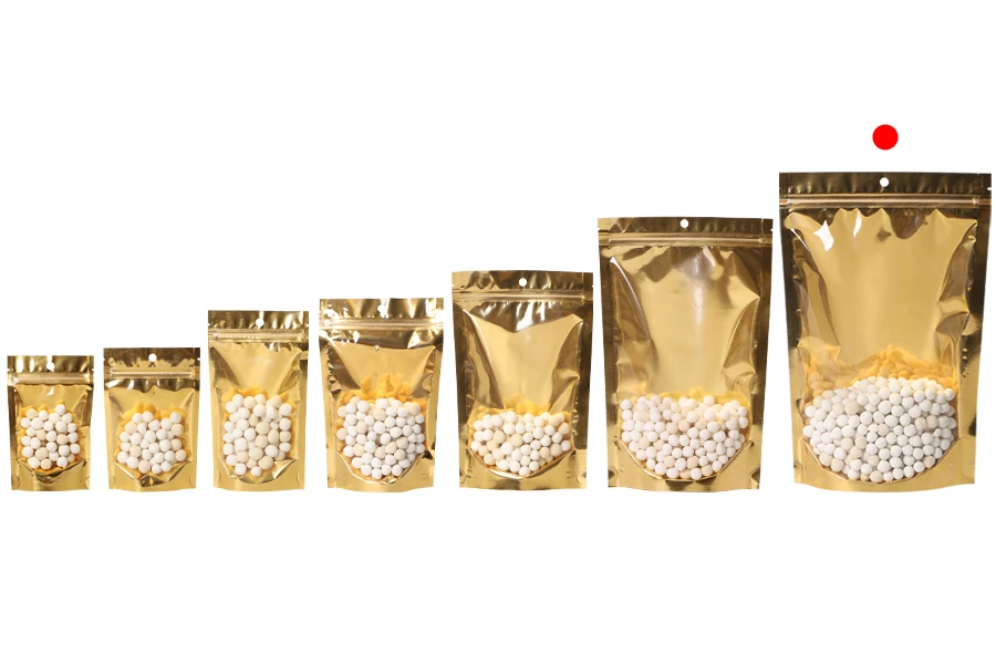 Пликове тип  Doy Pack 200x50x300 мм алуминиеви със златиста задна част, прозрачна предна част с "цип" затваряне и термозаваряване - 100 бр.-изображение_група