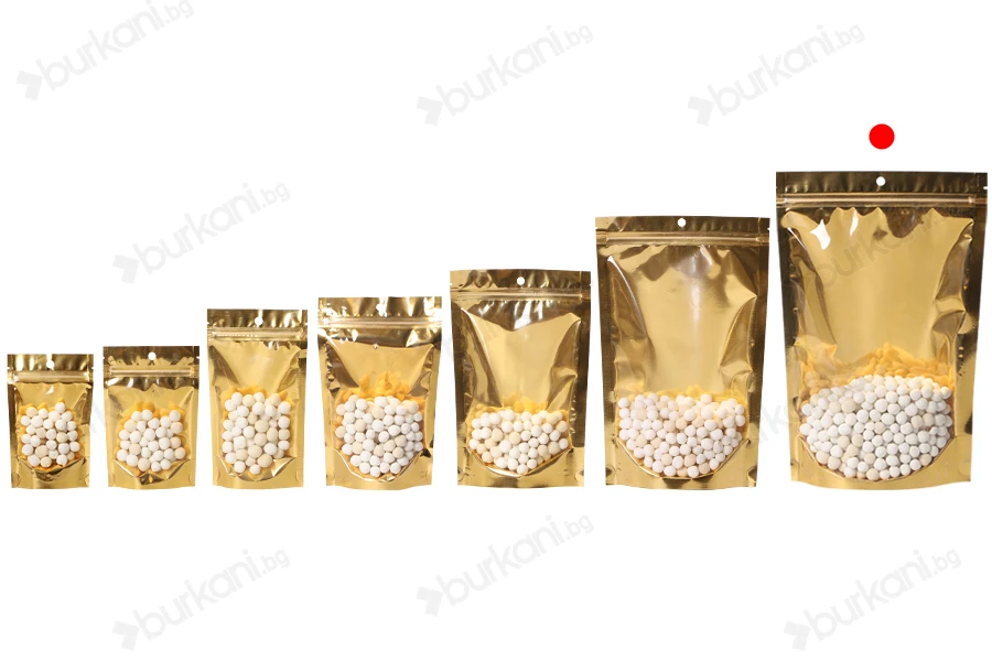 Пликове тип  Doy Pack 200x50x300 мм алуминиеви със златиста задна част, прозрачна предна част с "цип" затваряне и термозаваряване - 100 бр.-изображение_група
