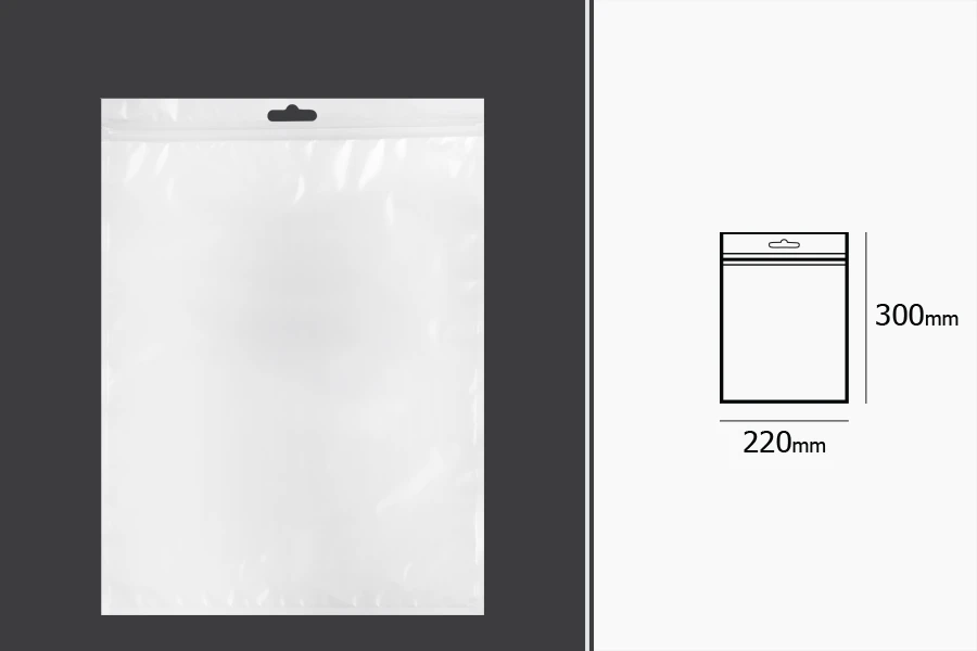 Пластмасови торбички с цип 220x300 mm, бяла отзад, прозрачразна отпред с Eurohole - 100 бр Пластмасови торбички с цип 220x300 mm, бяла отзад, прозрачразна отпред с Eurohole - 100 бр