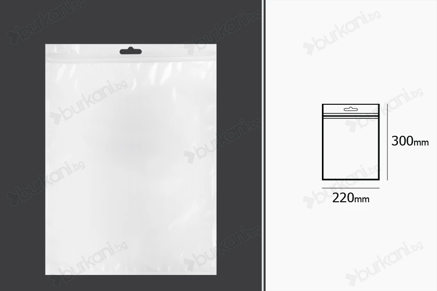 Пластмасови торбички  с цип 220x300 mm, бяла отзад, прозрачразна отпред с Eurohole - 100 бр-изображение_размери