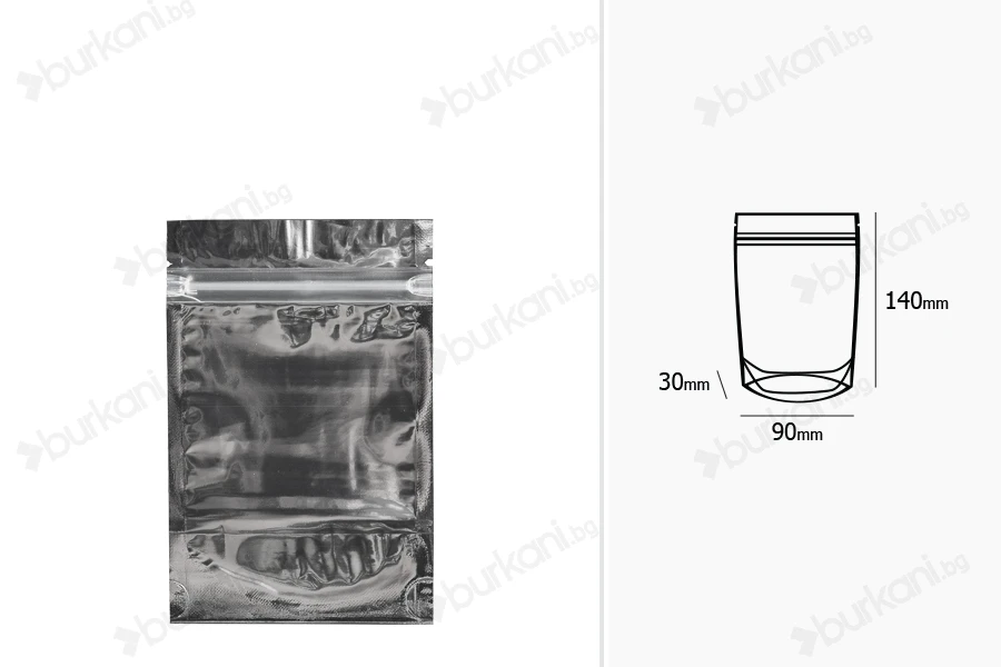 Опаковка тип Doy Pack с размери  90x30x140mm. с цип затваряне, с прозрачна предна част и с алуминиева задна част - 100 бр.-изображение_размери