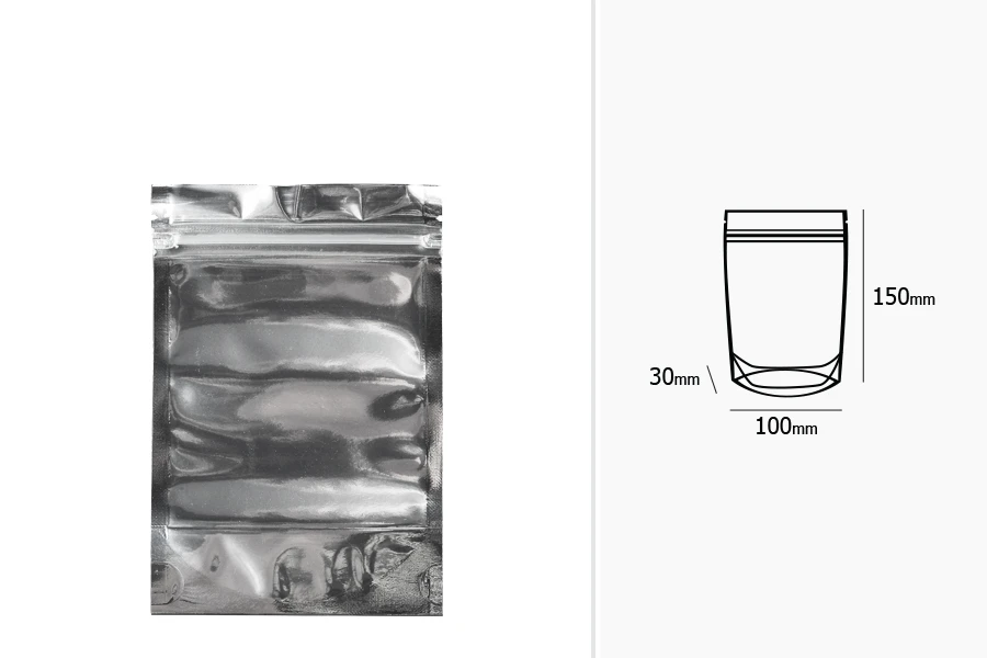 Опаковка тип Doy Pack с размери 100x30x150 mm с алуминиева задна част и прозрачна предна част с цип затваряне - 100 бр. Опаковка тип Doy Pack с размери 100x30x150 mm с алуминиева задна част и прозрачна предна част с цип затваряне - 100 бр.