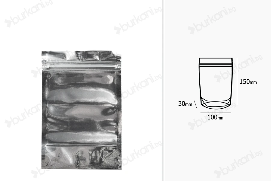 Опаковка тип Doy Pack с размери 100x30x150 mm с алуминиева задна част и прозрачна предна част с цип затваряне  - 100 бр.-изображение_размери