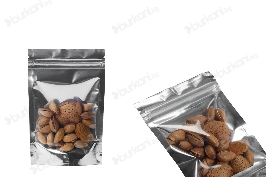 Опаковка тип Doy Pack с размери 100x30x150 mm с алуминиева задна част и прозрачна предна част с цип затваряне  - 100 бр.-изображение_група