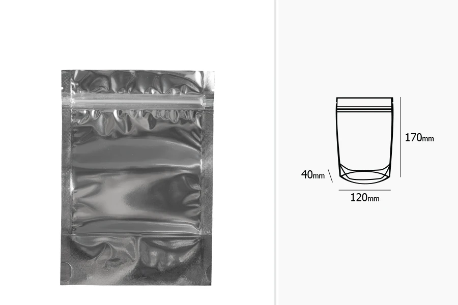 Опаковак Doy Pack с размери 120x40x170 mm с цип затваряне, алуминиева задна част и прозрачна предна част -100 бр. Опаковак Doy Pack с размери 120x40x170 mm с цип затваряне, алуминиева задна част и прозрачна предна част -100 бр.