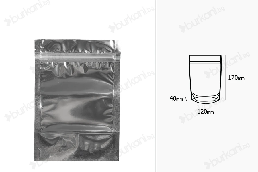 Опаковак Doy Pack с размери 120x40x170 mm с цип затваряне, алуминиева задна част и прозрачна предна част -100 бр.-изображение_размери