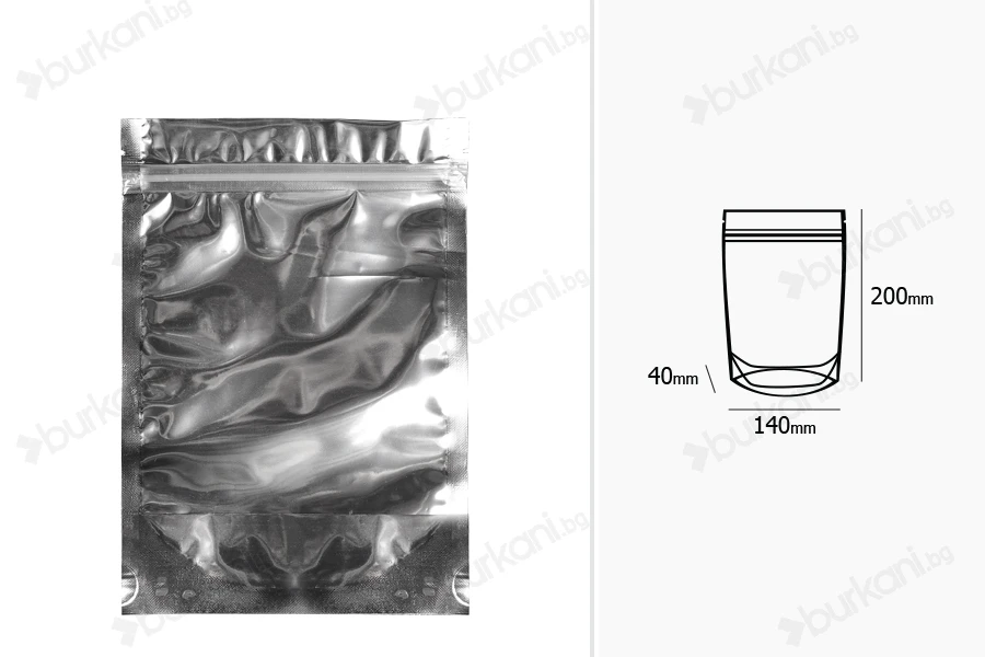 Опаковка тип Doy Pack с размери 140 x 40 x 200 mm с цип затваряне, алуминиева задна част и прозрачна предна част - 100 бр.-изображение_размери