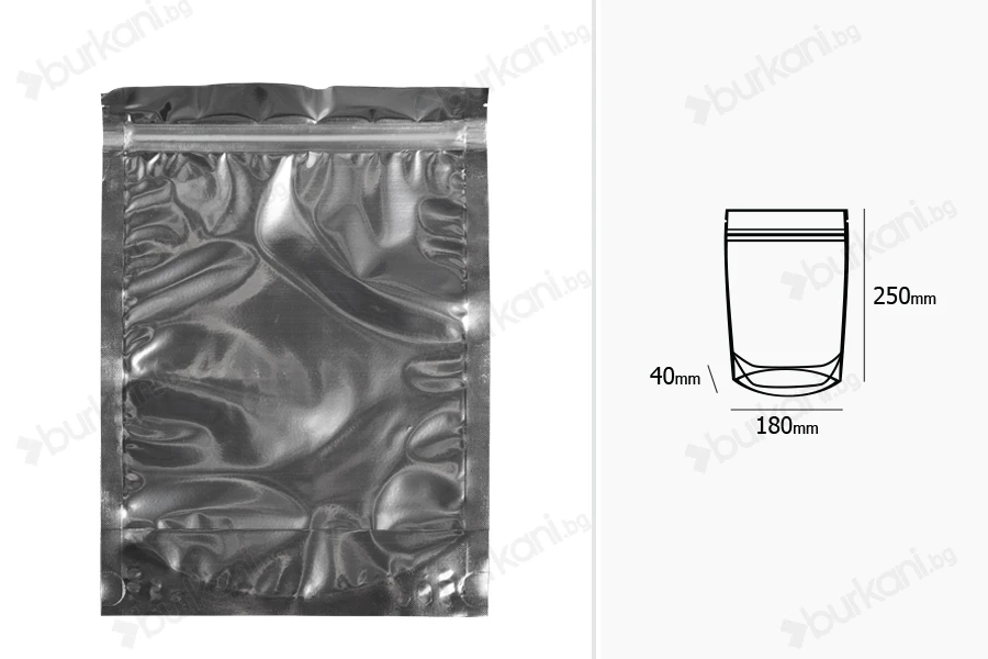 Опаковка тип Doy Pack с размери  180 x 40 x 250 mm с цип затваряне , алуминиева задна част и прозрачна предна част - 100 бр.-изображение_размери