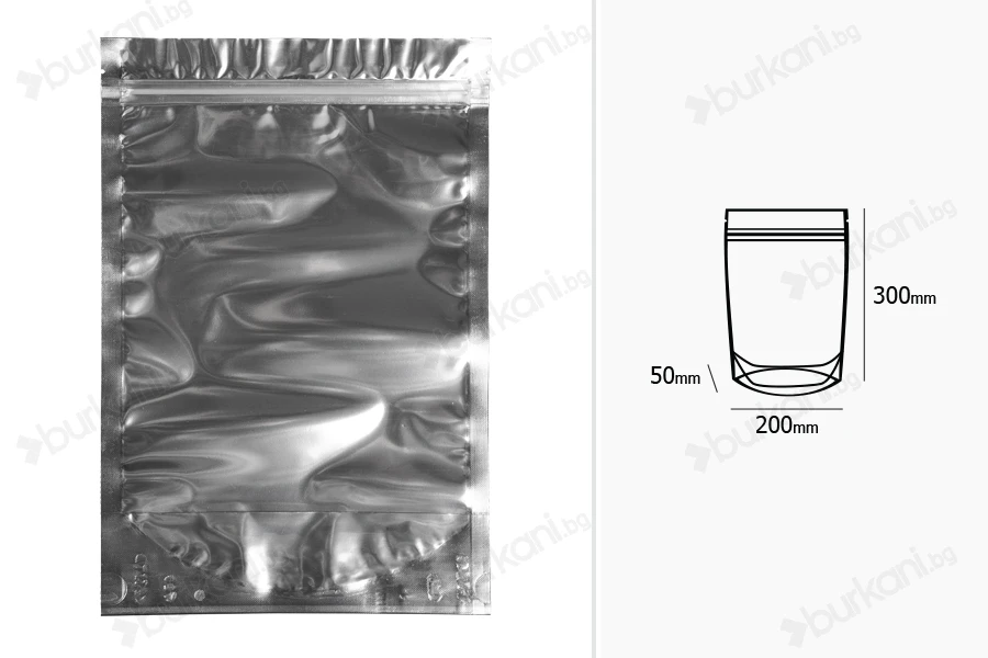 Опаковка тип  Doy Pack с размери 200x50x300 mm с цип затваряне, с предна прорзанча част и с алуминиева задна част - 100 бр.-изображение_размери