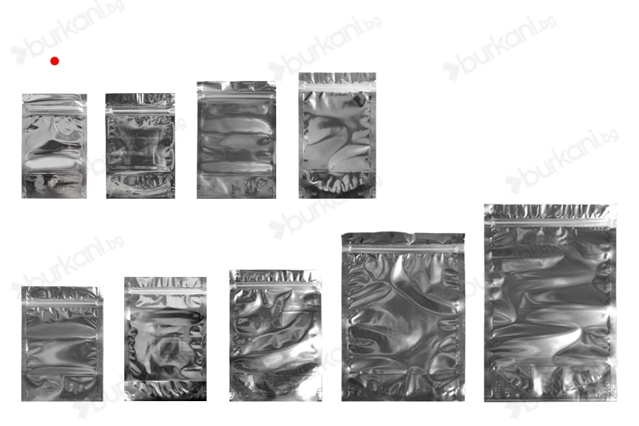 Опаковка тип  Doy Pack с размери  80х30х130 мм -  алуминиева задна част , прозрачна предна част с  цип и възможност за термозапечатване - 100 бр.-изображение_група