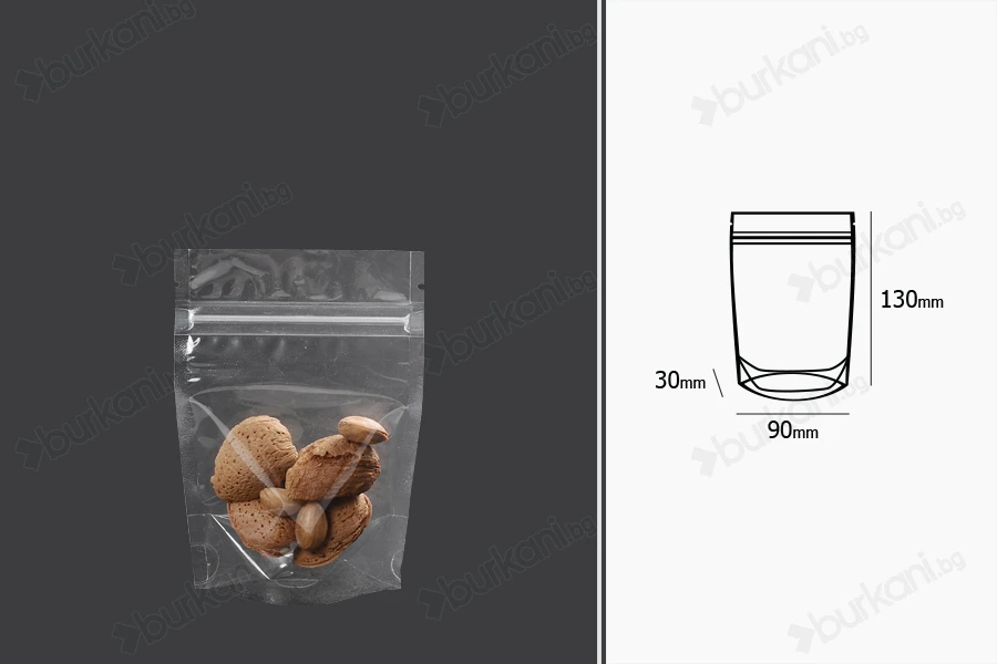 Прозрачна Doy Pack опаковка с размери  90x30x130 mm с цип - 100 бр.-изображение_размери
