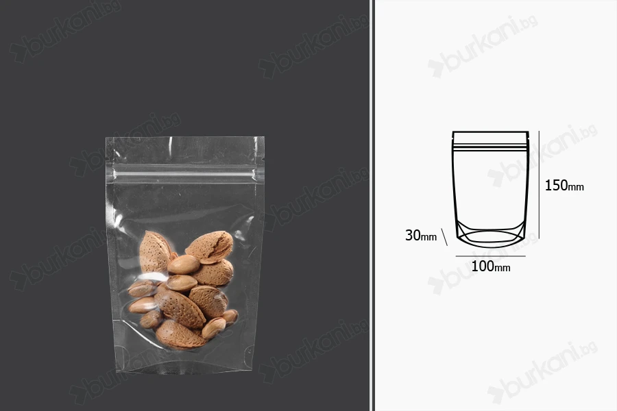 Прозрачна  Doy Pack опаковка с размери 100x30x150 mm с цип затваряне - 100 бр.-изображение_размери