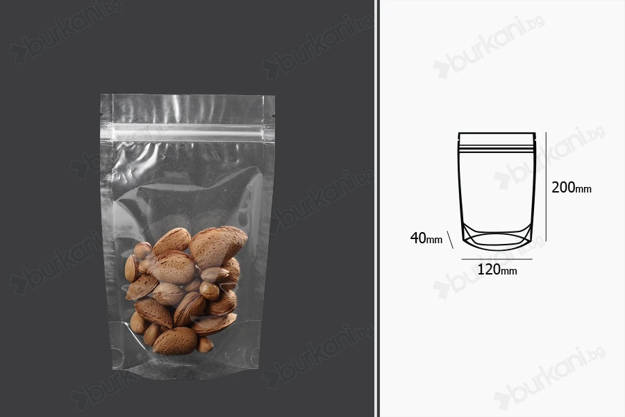 Прозрачна опаковка  Doy Pack 120x40x200 mm с цип  - 100 бр.-изображение_размери