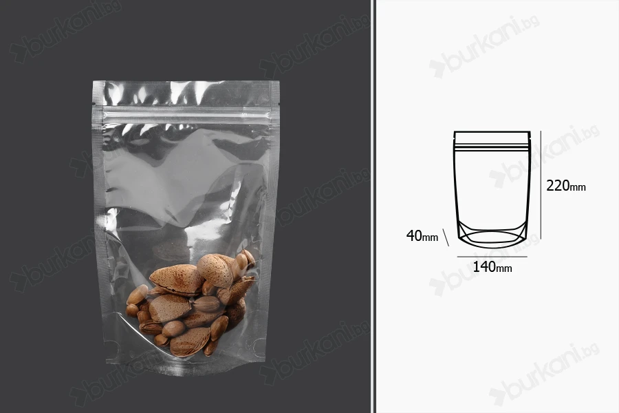 Прозрачна опаковка DOY PACK  с размери  140x40x220 mm с цип - 100 бр.-изображение_размери