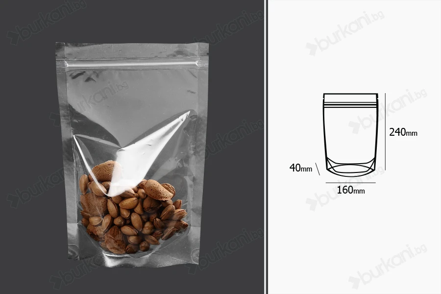 Прозрачна опаковак Doy Pack с размери  160x40x240 mm с цип - 100 бр.-изображение_размери