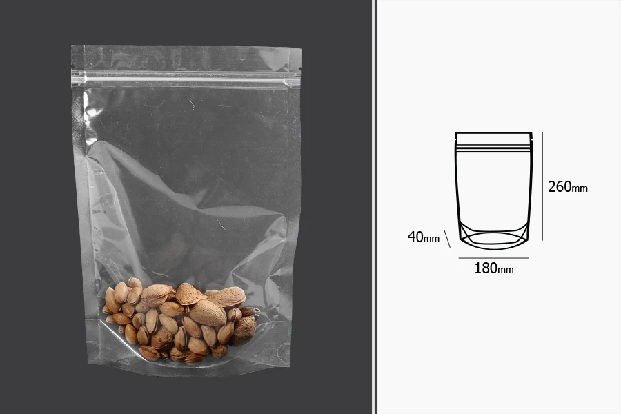 Прозрачни опаковки Doy Pack с размер 180x40x260 mm с цип - 100 бр Прозрачни опаковки Doy Pack с размер 180x40x260 mm с цип - 100 бр