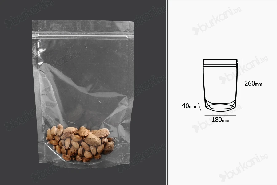 Прозрачни опаковки Doy Pack с размер 180x40x260 mm с цип  - 100 бр-изображение_размери