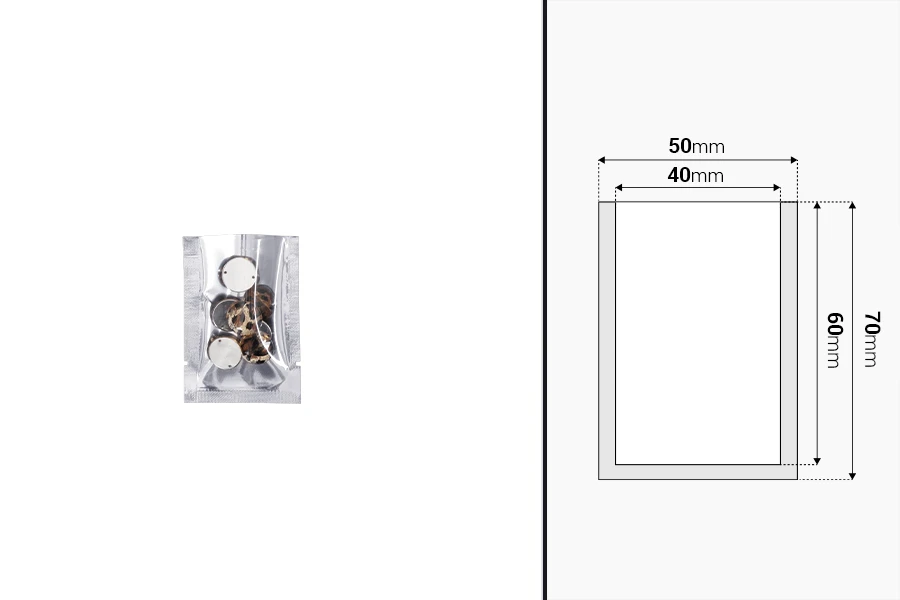 Алуминиеви торбички 50x70 мм без цип с възможност за запечатване с термолепачка - 100 бр.-изображение_размери