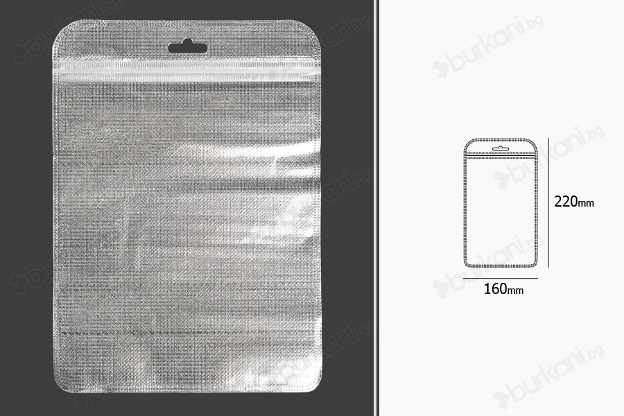 Пликчета с цип  160x220 mm, сребърна нетъкана в гръб и прозранча в предната част с дупка Eurohole - 100 бр.-изображение_размери