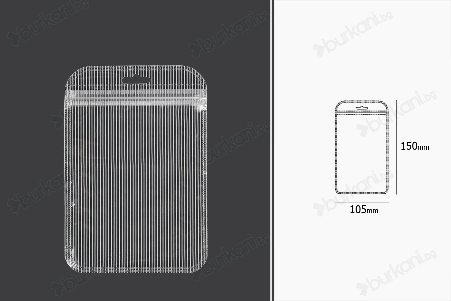 Пластмасови пликове  с цип 105x150 mm, прозрачна предна част с дупка Eurohole - 100 броя-изображение_размери