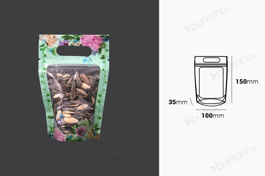 Прозрачни пликчета ДОЙ ПАК с цип и дръжка, с размери 100x35x150 mm , в опаковка от 50 бр.-изображение_размери