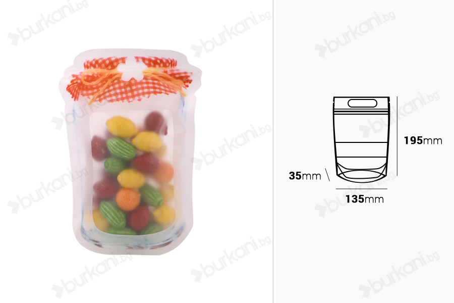 Пликове тип Doy Pack с цип във формата на буркан с размери  135x35x195 mm , в опаковка от 50 бр.-изображение_размери